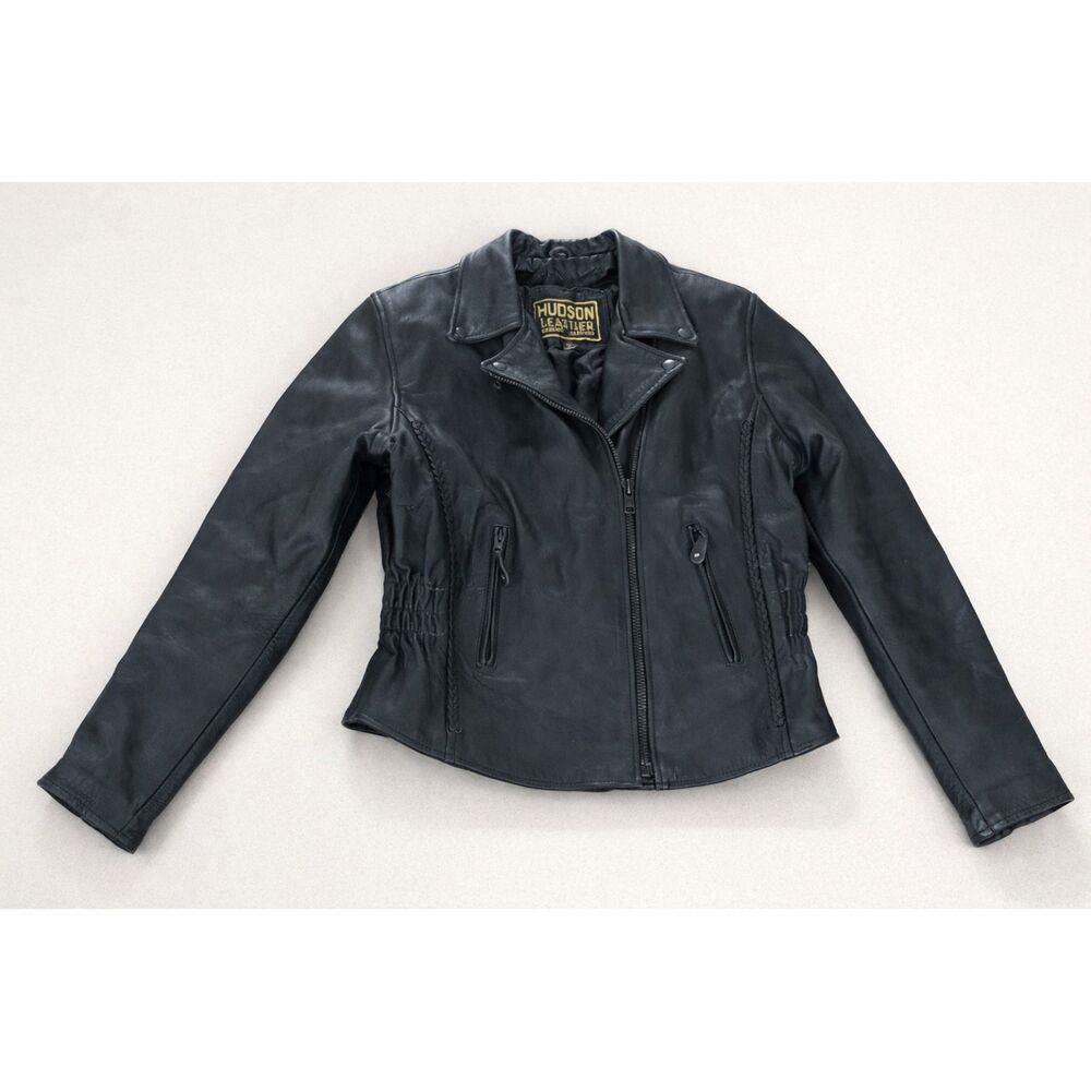 Vintage Hudson Leather Moto Fitted Motorcycle Biker Braid Cinch Lined Jacket